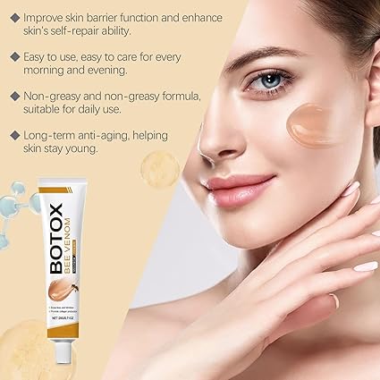 Bee venom wrinkle cream tube and skincare illustration on a close-up woman face
