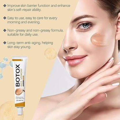 Bee venom wrinkle cream tube and skincare illustration on a close-up woman face