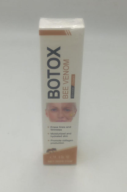 Bee venom wrinkle cream tube standing upright, front label visible in close-up