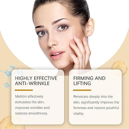 Anti-wrinkle skincare product shown with firmness and lifting feature cards