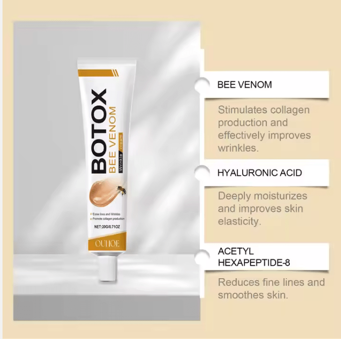 Bee venom wrinkle cream tube with ingredient bullets: bee venom, hyaluronic acid, acetyl hexapeptide-8