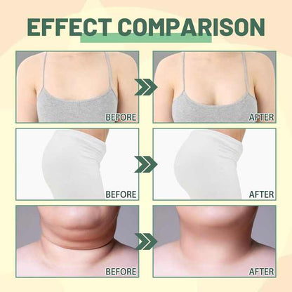 Effect comparison showing compact body oil before and after on chest, hips, waist