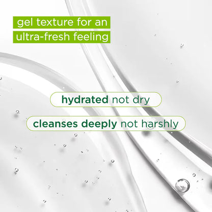 Refreshing gel facial wash texture with water droplets