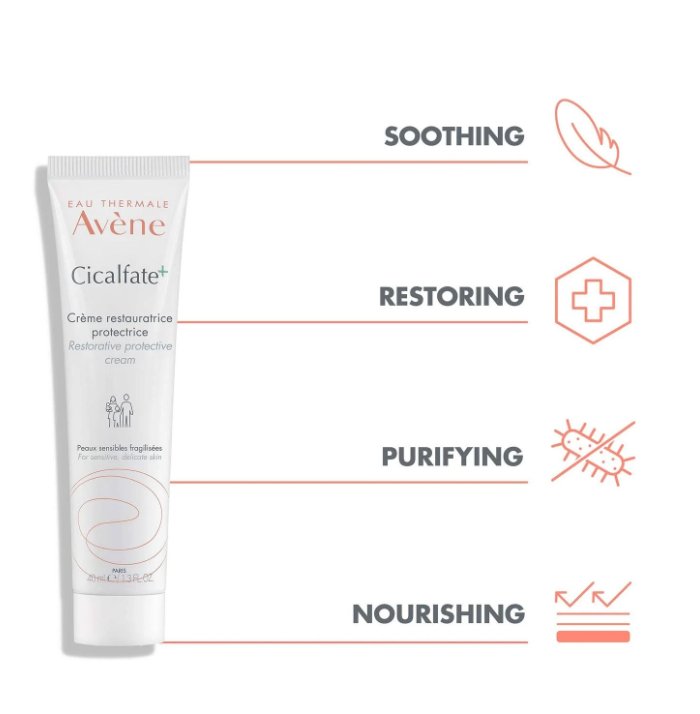 Cicalfate+ protective cream tube with soothing restoring purifying nourishing icons