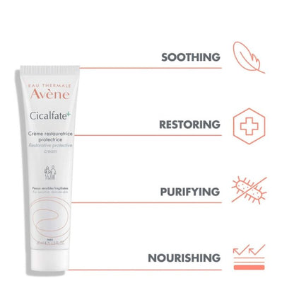 Cicalfate+ protective cream tube with soothing restoring purifying nourishing icons