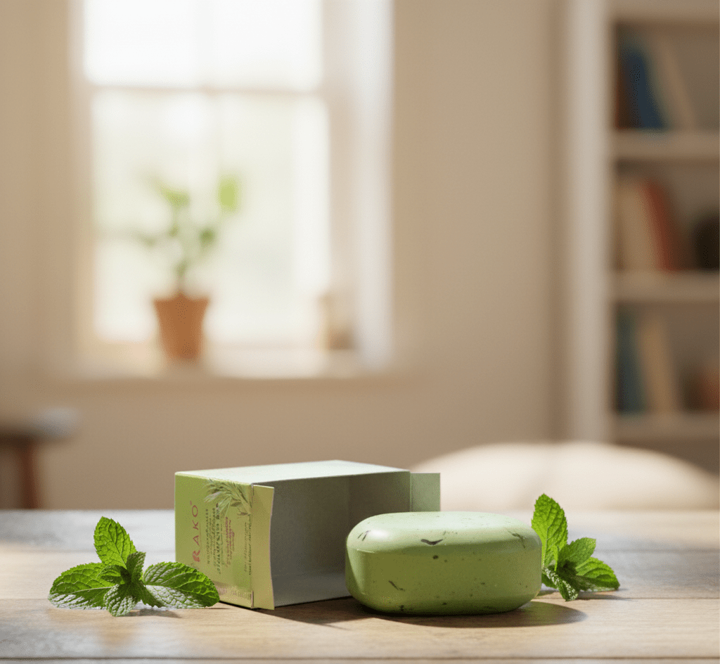 RAKO Rosemary Mint shampoo bar with green box and mint leaves on table