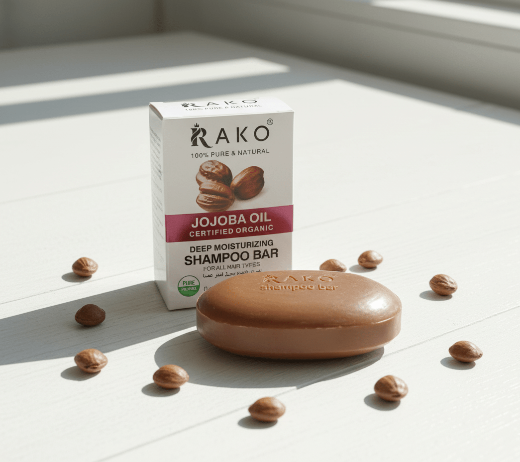 RAKO Jojoba Oil shampoo bar with brown bar and surrounding jojoba beans
