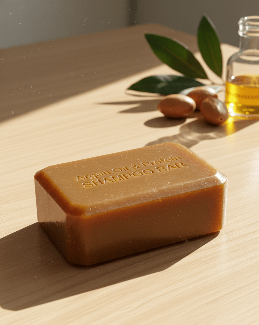 RAKO shampoo bar on a wooden surface with oil bottle and leaves