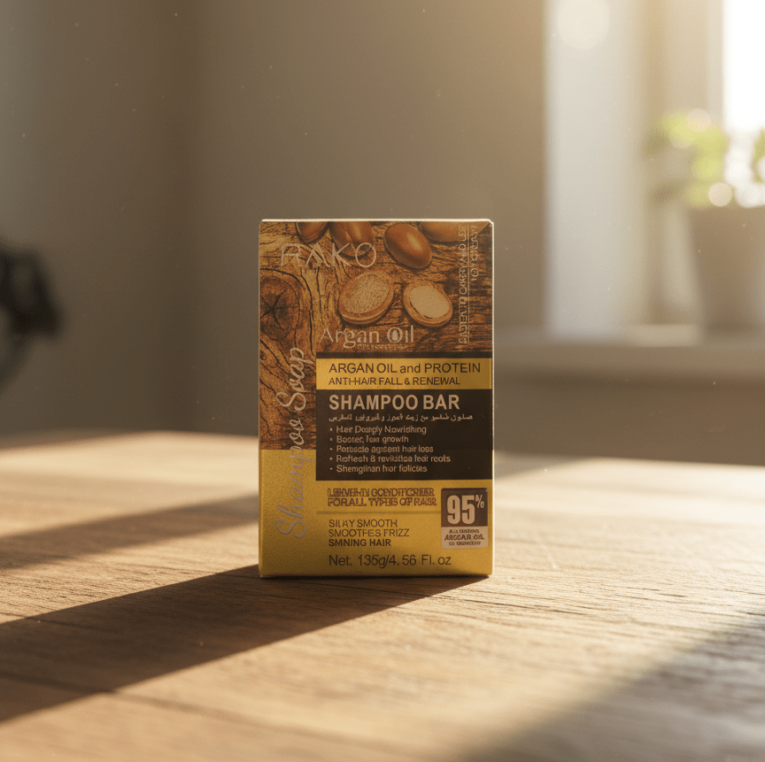 RAKO Argan Oil shampoo bar package showing back panel on wood
