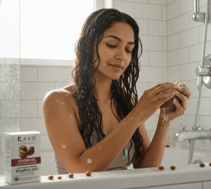 Woman lathering dark hair with RAKO shampoo bar in a shower