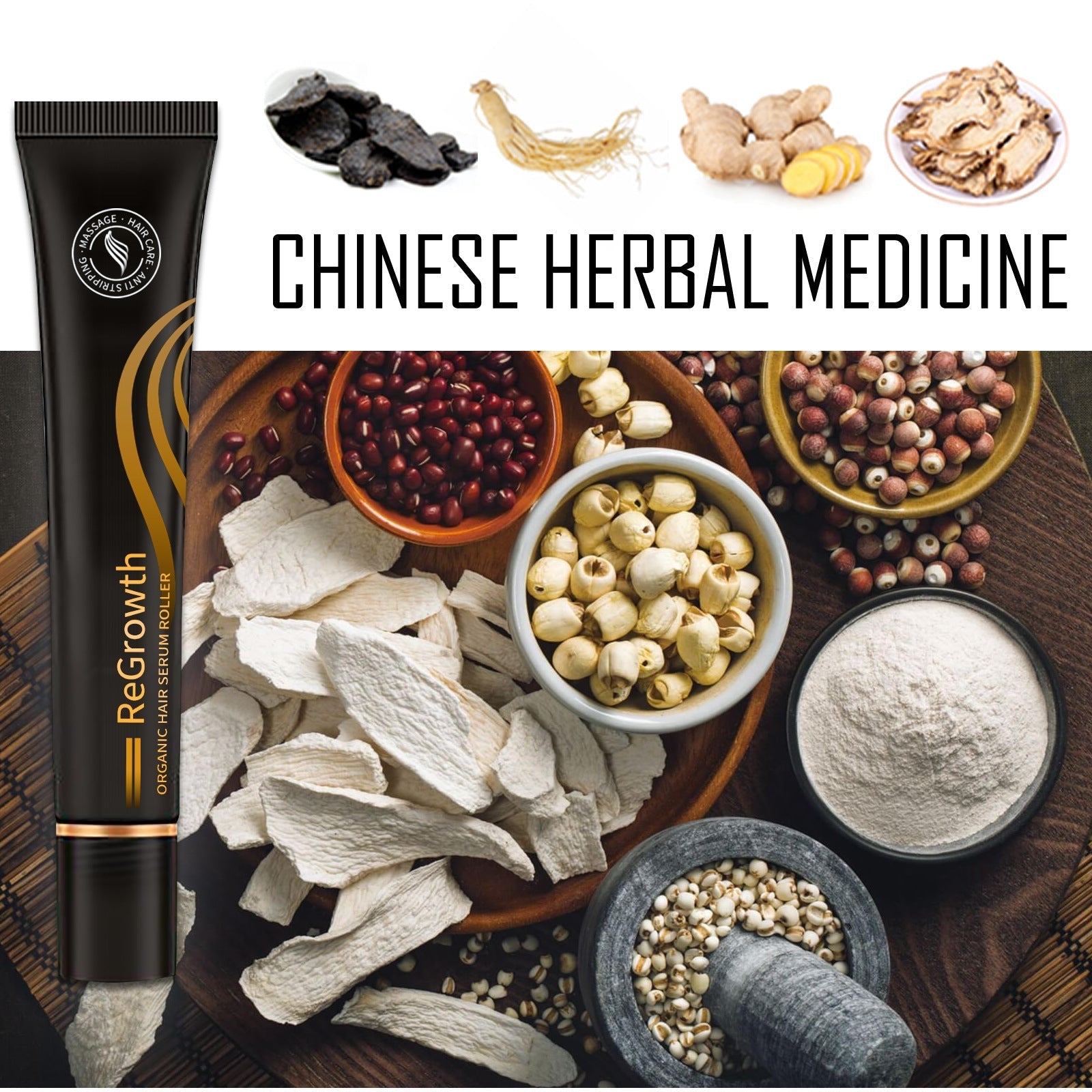 Hair growth serum tube with Chinese herbal ingredients, powders, and dried roots