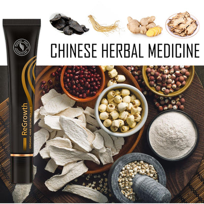 Hair growth serum tube with Chinese herbal ingredients, powders, and dried roots