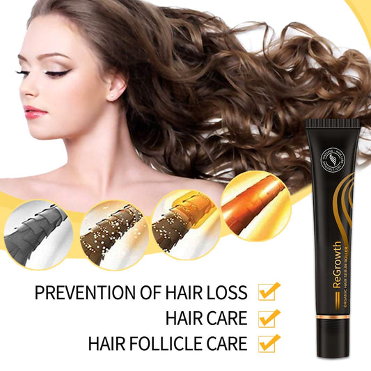 Hair growth serum tube beside wavy brown hair on a model