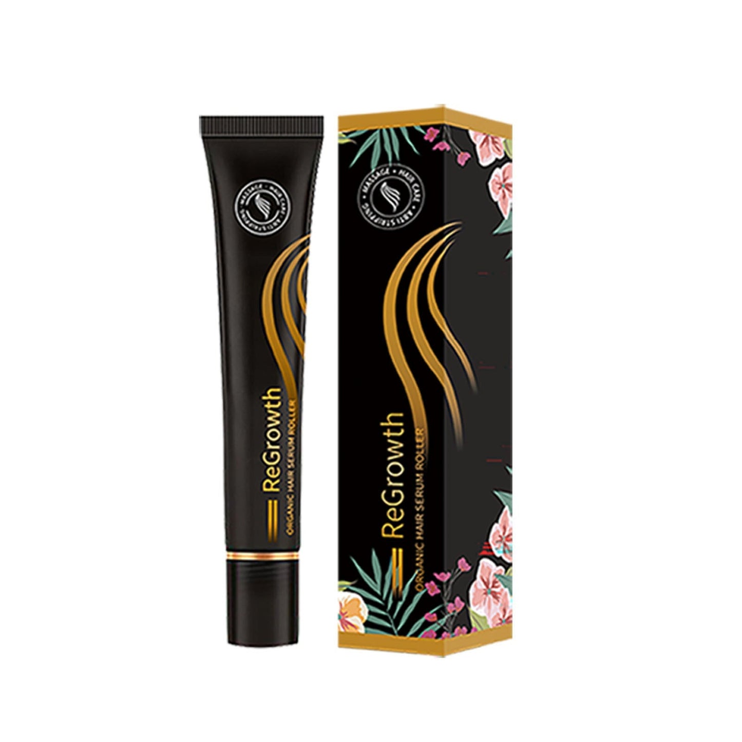 Black hair growth serum tube with matching floral box and gold swirl design