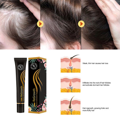 Hair growth serum on scalp close-ups, with product tube and floral box