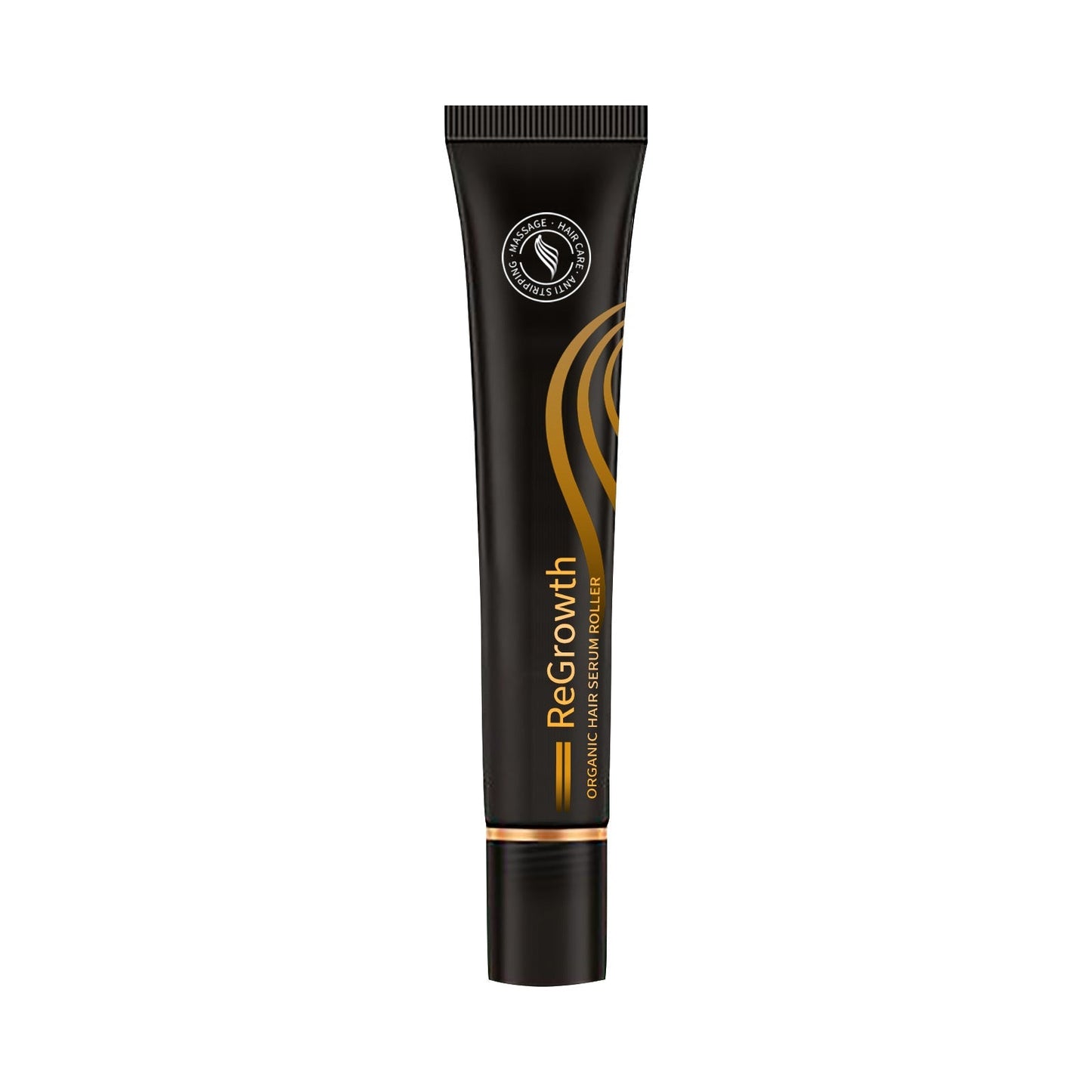 Black hair growth serum tube with gold swirl accents and ribbed cap