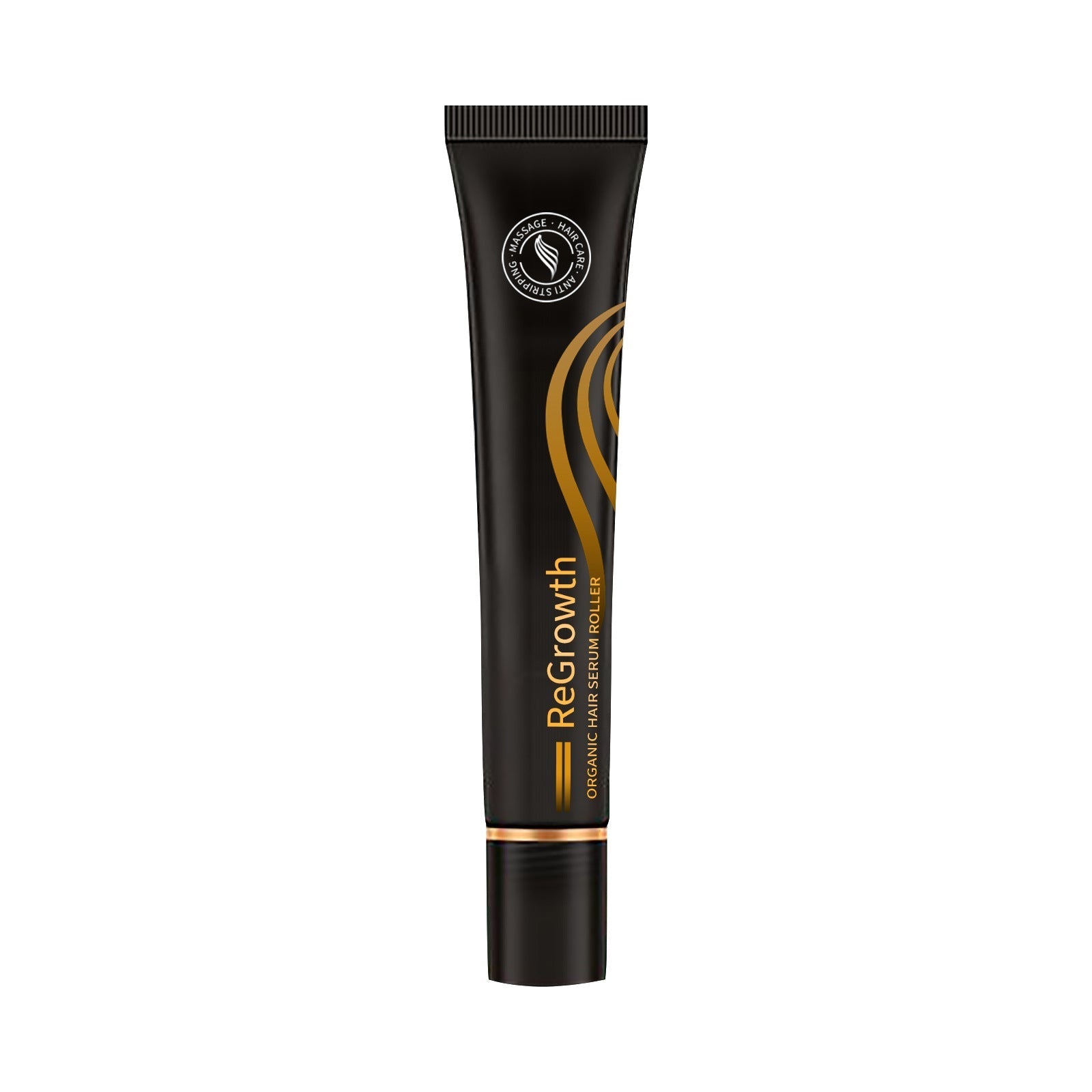 Black hair growth serum tube with gold swirl accents and ribbed cap
