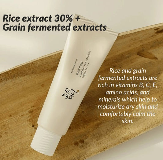 SPF50+ sunscreen tube with rice extract 30% and fermented grain extracts