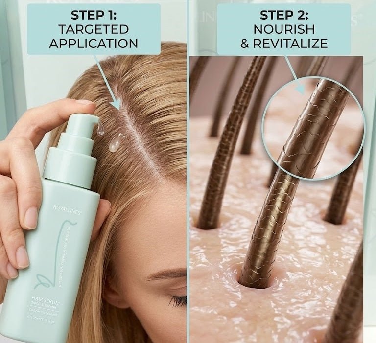 Hair serum pump applying product to scalp from a mint bottle