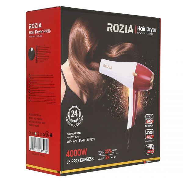 ROZIA 4000W hair dryer retail box in red and black with product image