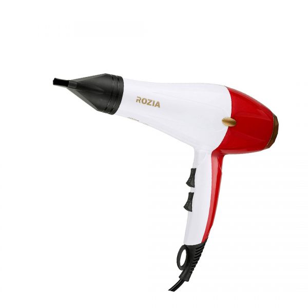 ROZIA hair dryer with red rear, white body, black nozzle, and power cord