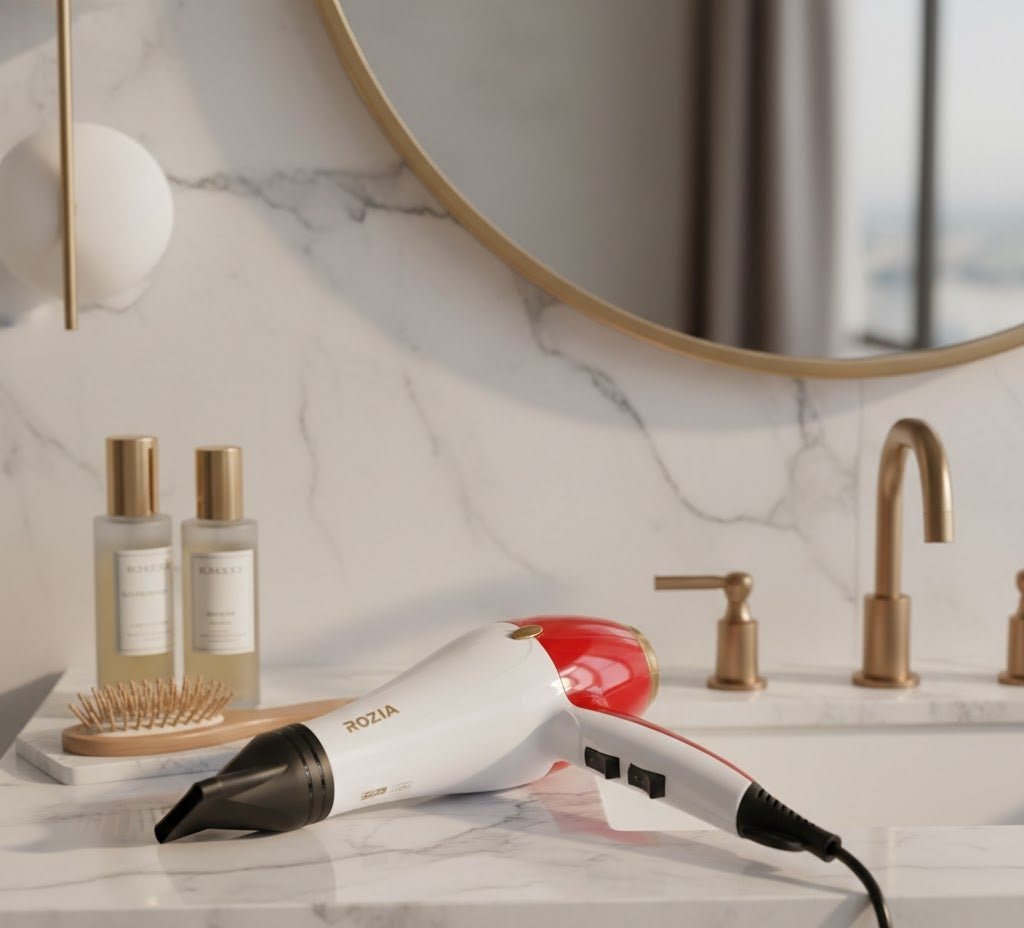 ROZIA hair dryer with red and white body and black concentrator nozzle