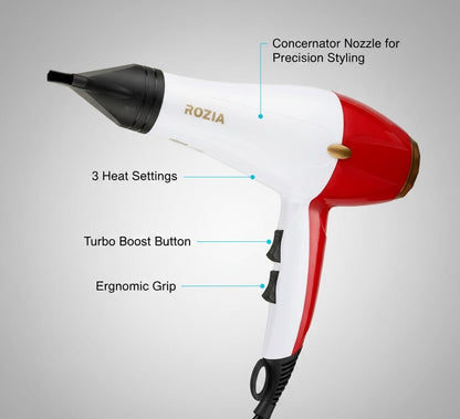 ROZIA hair dryer with concentrator nozzle, turbo boost button, and 3 heat settings