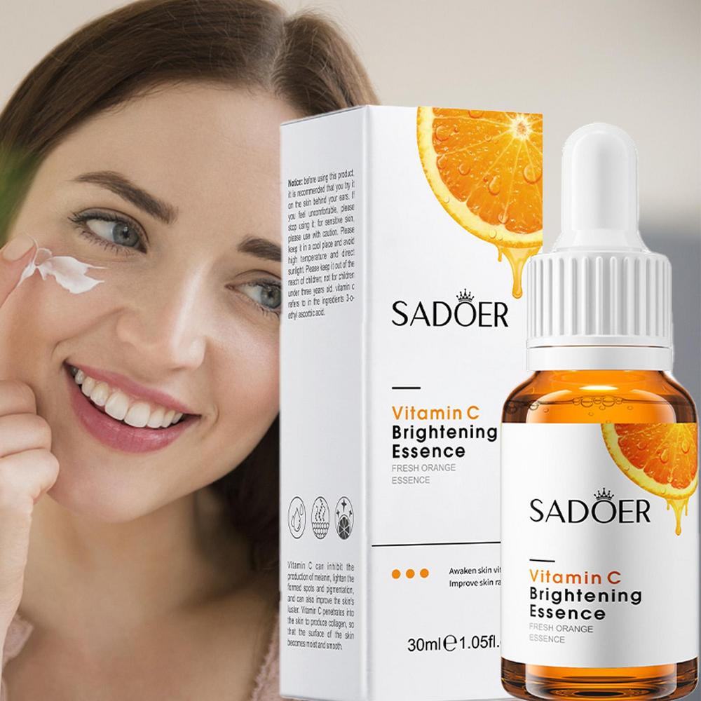Vitamin C brightening essence bottle with dropper and boxed packaging