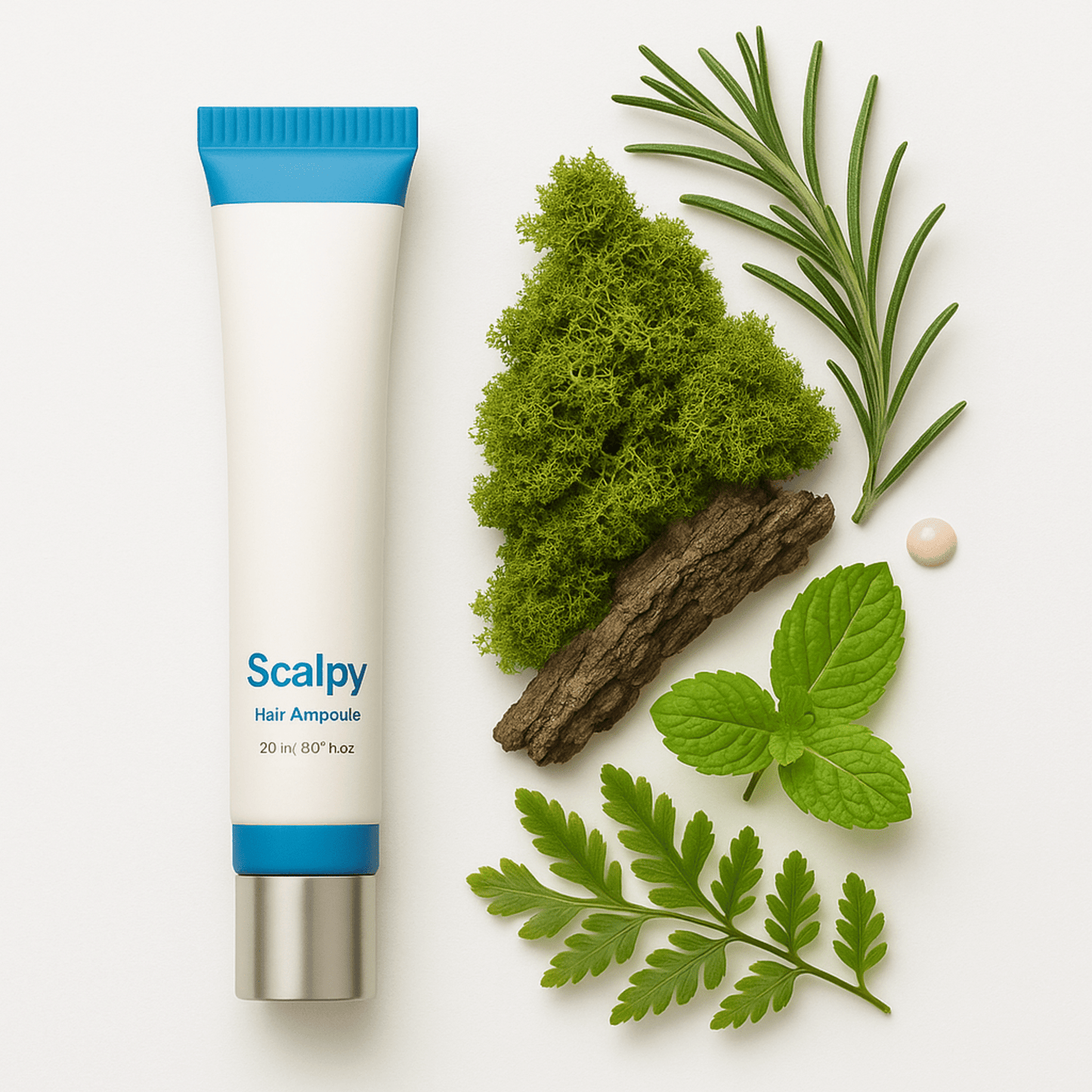 Scalp serum tube with blue cap, with herbal sprigs arranged beside it