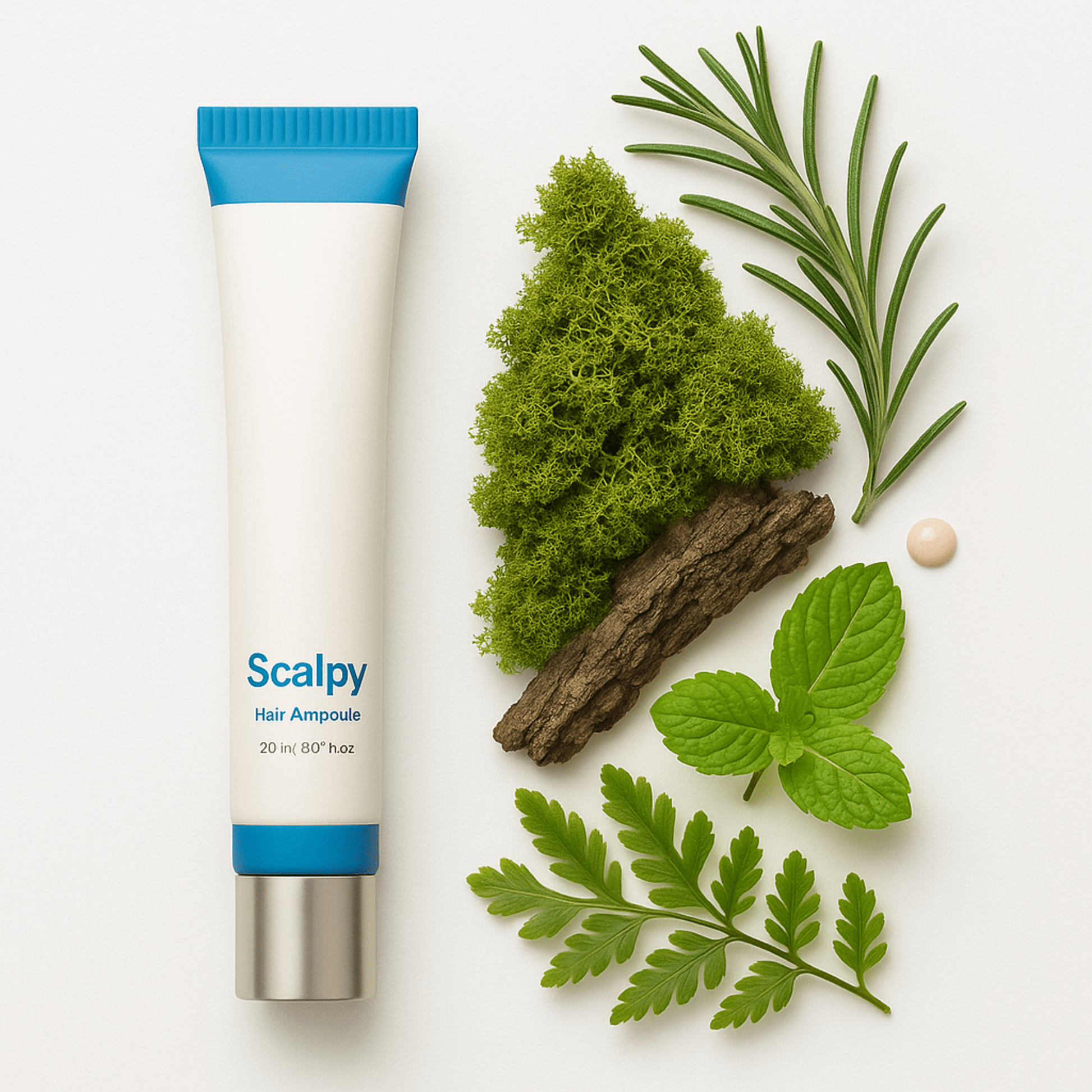 Scalp serum tube with blue cap, with herbal sprigs arranged beside it
