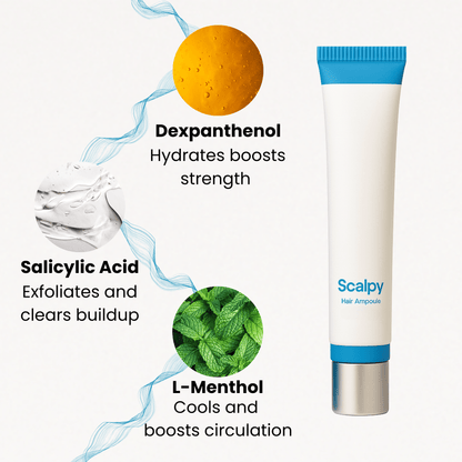Scalp serum tube with blue cap, with ingredient illustrations shown