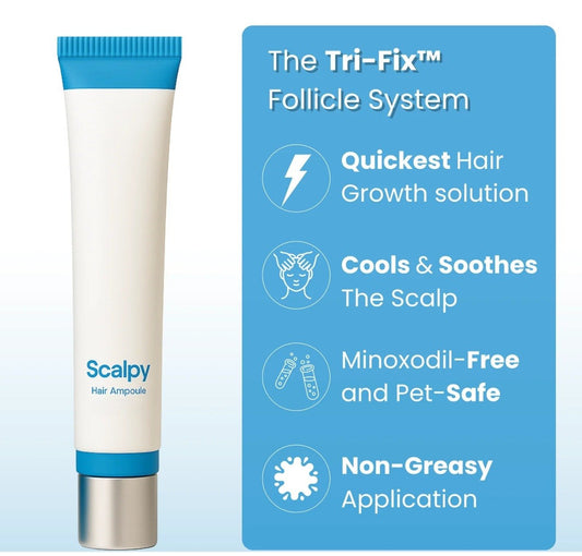 Scalp serum squeeze tube, white with blue band and silver base