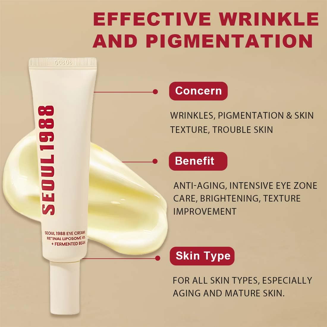 Eye cream tube with promotional chart, cream-colored tube with red label