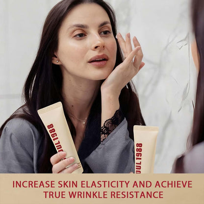 Person holding eye cream tube near cheek and eye area