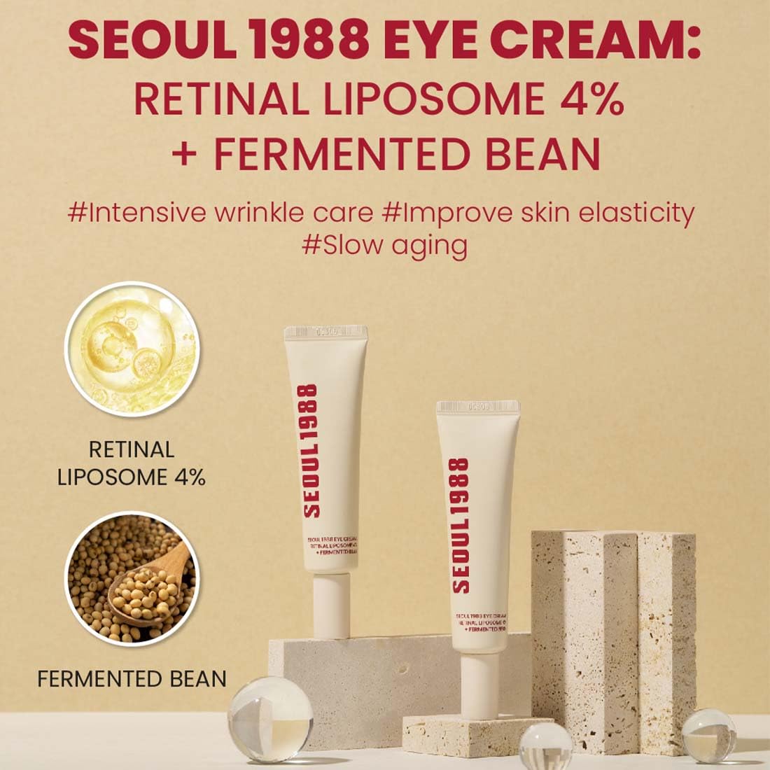 Eye cream tube with ingredient icons and multiple product images