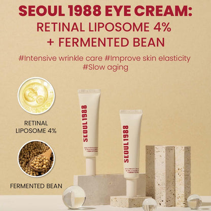 Eye cream tube with ingredient icons and multiple product images
