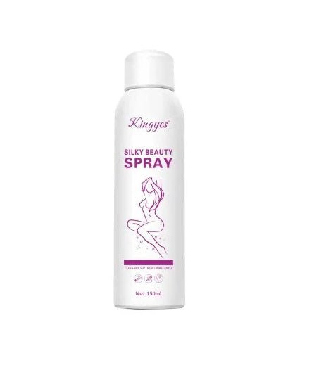 White Silky Beauty hair spray bottle with purple “Silky Beauty Spray” label and cap.