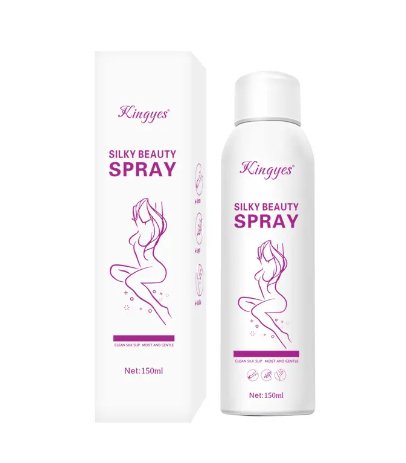 Silky beauty hair spray bottle and box, white with purple label and cap.