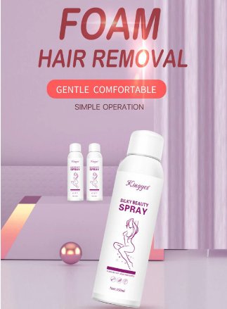 Hair removal foam spray bottle with “Foam Hair Removal” graphic and purple label.