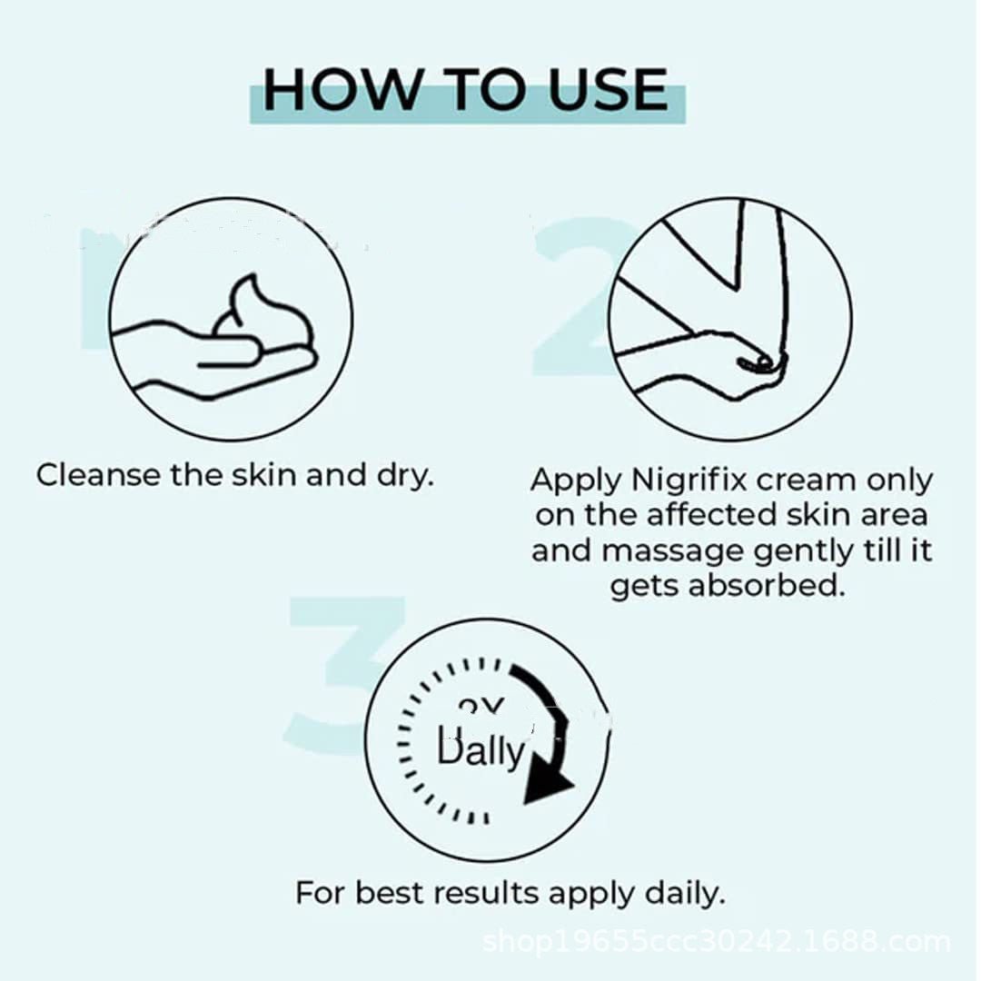 Nigrifix cream use instructions graphic: apply to affected area and massage until absorbed