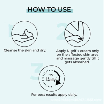 Nigrifix cream use instructions graphic with cleanse and massage icons