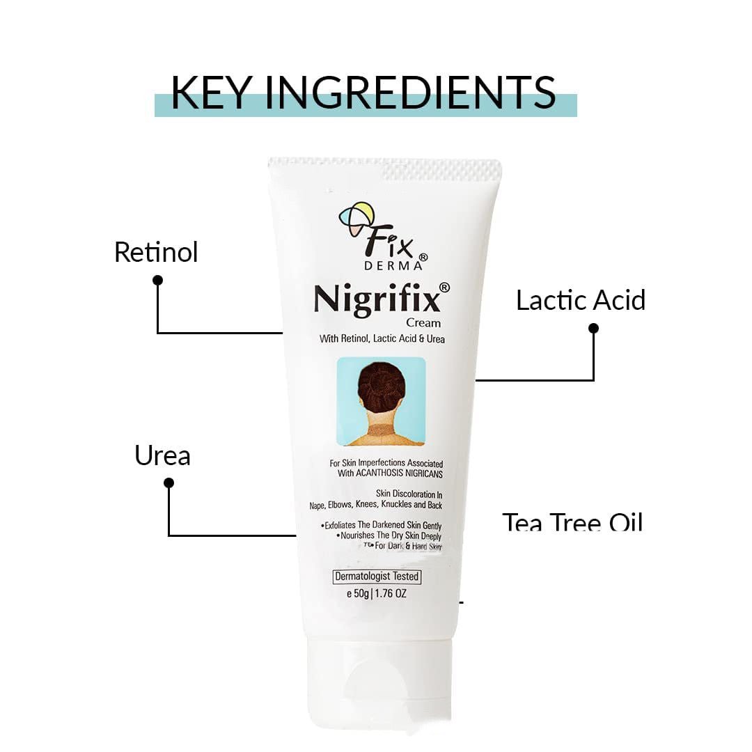 Nigrifix cream tube infographic listing retinol, urea, lactic acid, tea tree oil