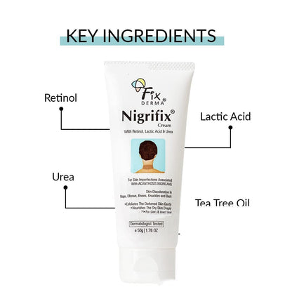 Nigrifix cream tube infographic listing retinol, urea, lactic acid, tea tree oil