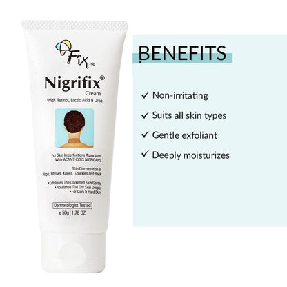 Nigrifix cream squeeze tube with benefits list: non-irritating, gentle exfoliant