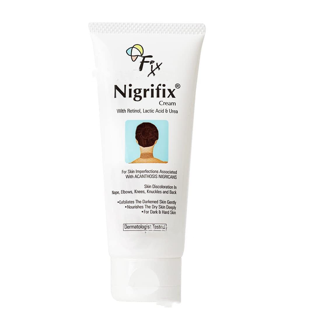 Nigrifix cream squeeze tube, white tube with logo and dark spot illustration