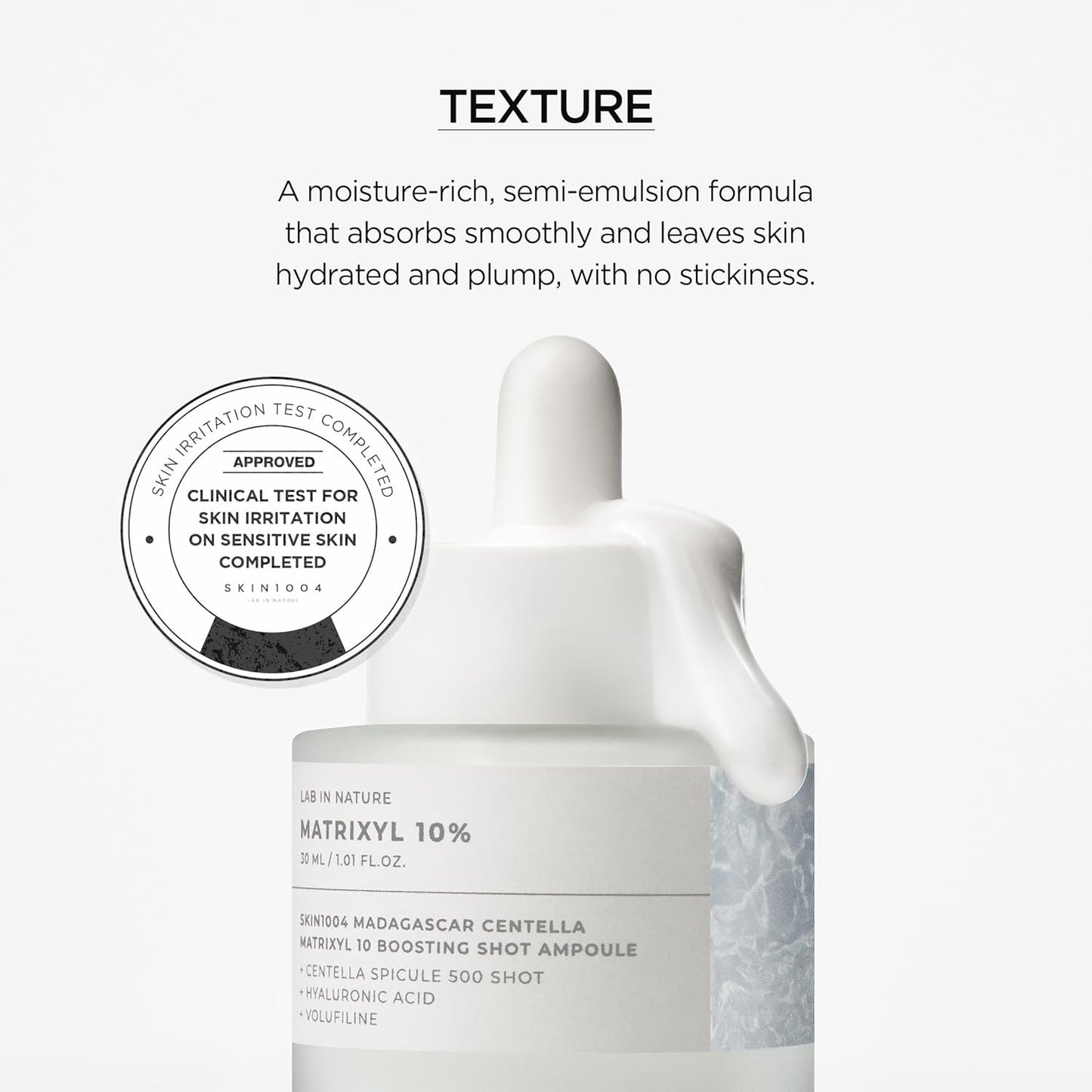 White ampoule bottle with dropper cap and circular approval stamp, front label shown