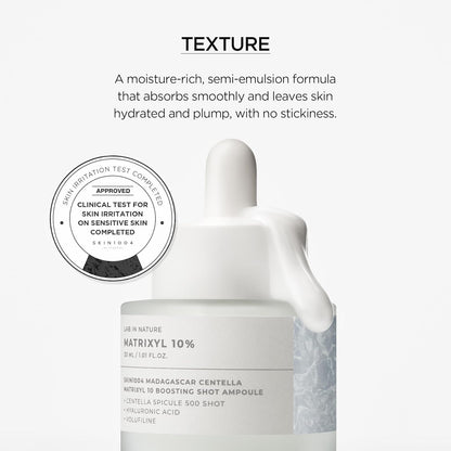 White ampoule bottle with dropper cap and circular approval stamp, front label shown