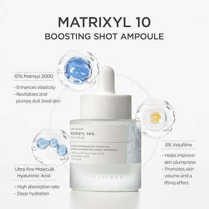 White ampoule bottle with dropper cap and blue droplet icons, label facing camera