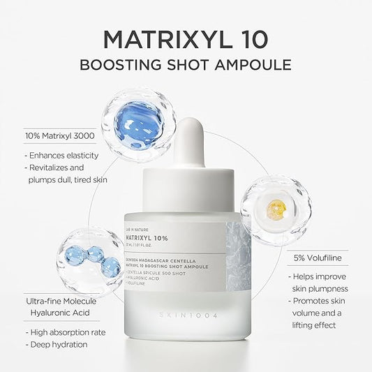 White ampoule bottle with dropper cap and blue droplet icons, label facing camera