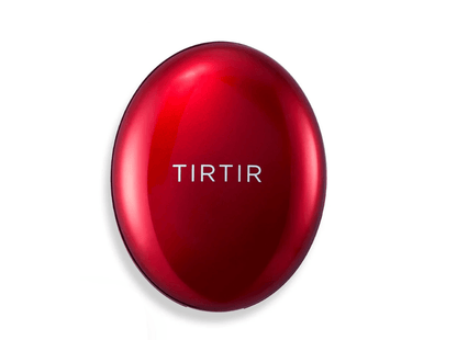 Red oval cushion compact with black rim and TIRTIR logo on lid